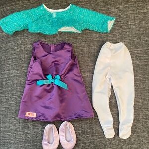 Battat Purple Dress, Teal Cover, White Tights & Purple Slippers - Fits 18" Dolls